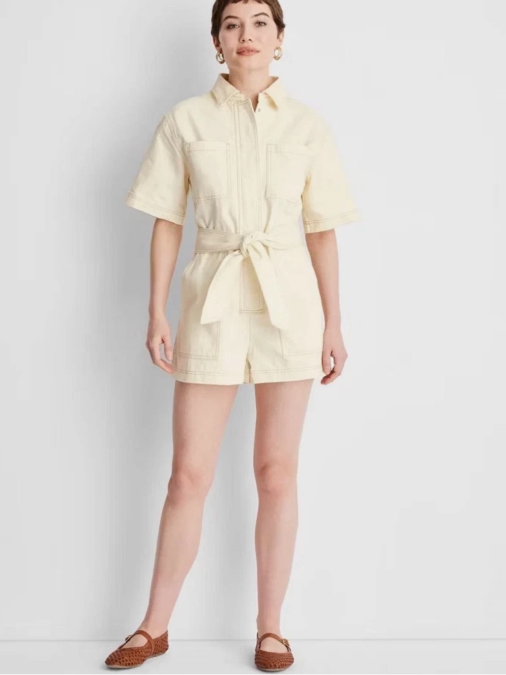 Future Collective Tie-Waist Cream Utility Romper